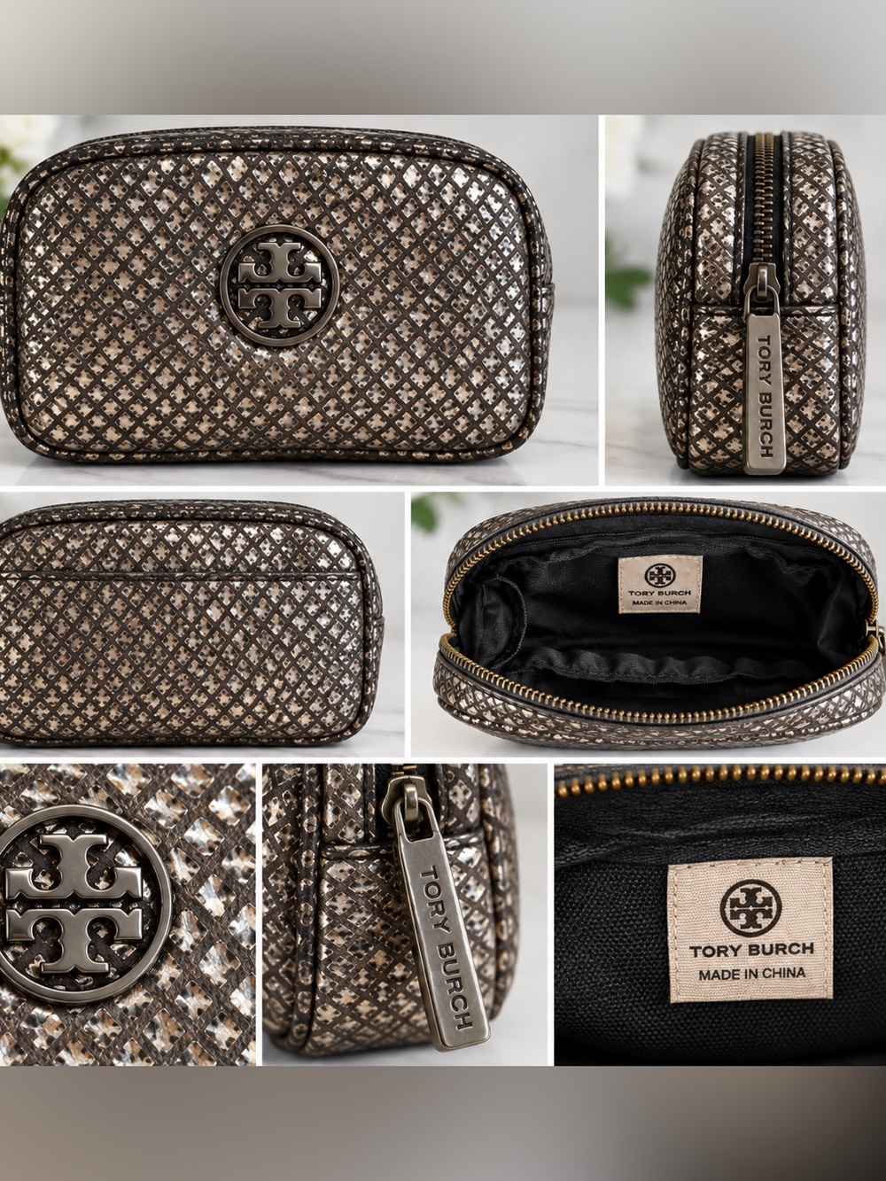 Tory Burch Metallic Snake Print Cosmetic Bag / Makeup Pouch Double T Logo